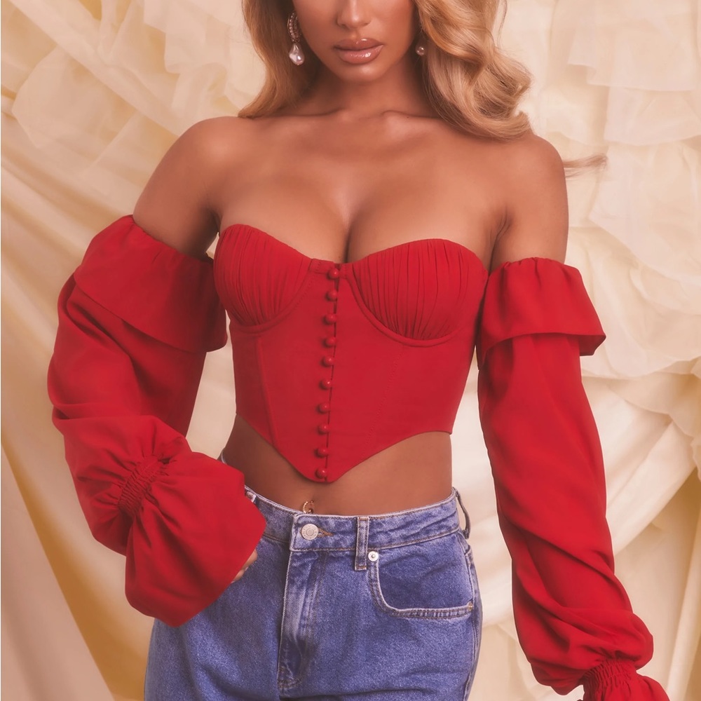 OH POLLY RED BARDOT LONG SLEEVE CROP TOP